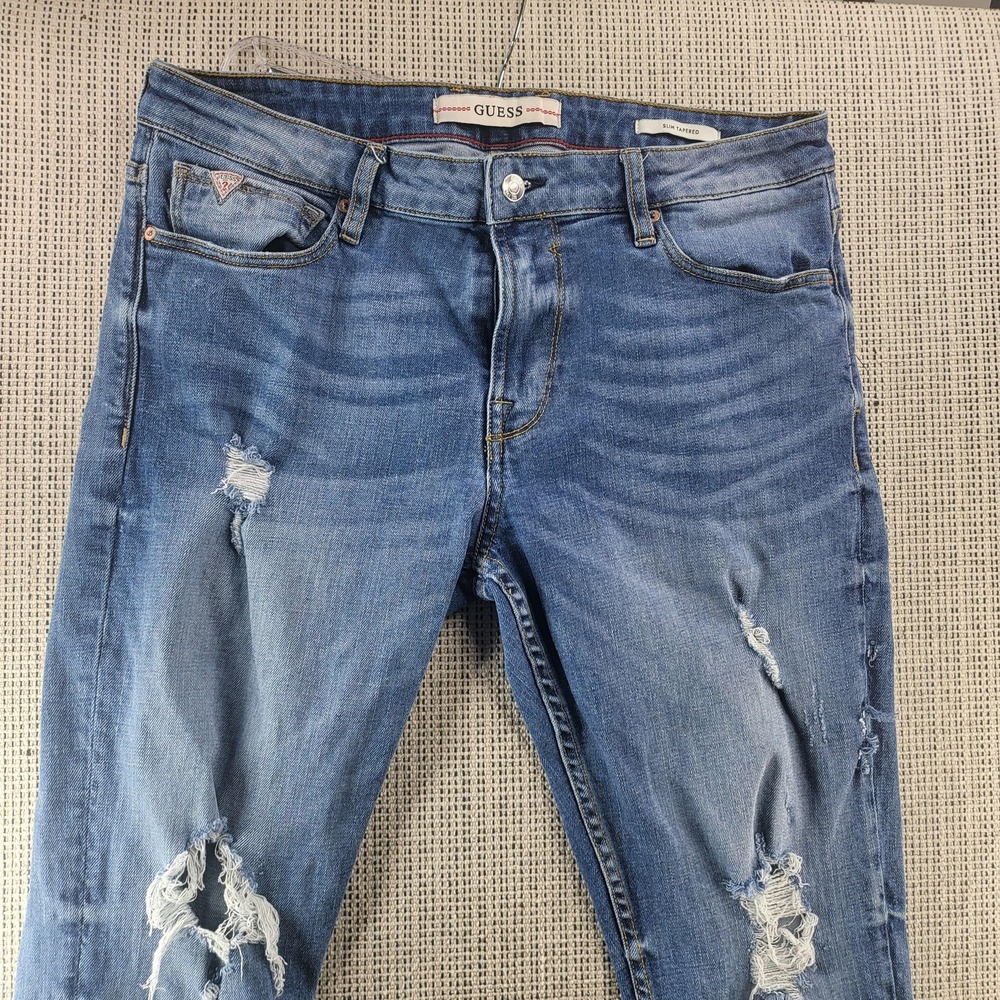 Guess‎ Slim Tapered Jeans Mens 36x30 Medium Wash Blue Distressed Denim Pants